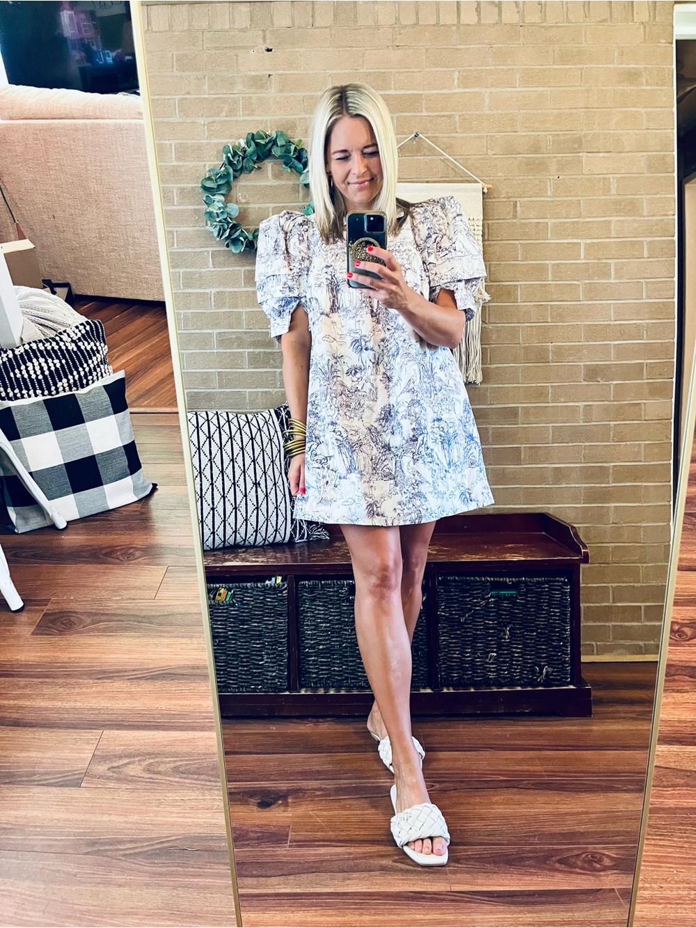 entro Cream Mini Dress with Navy Toile Print